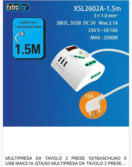 Multipresa da Tavolo con USB, 2 Prese Schuko 10/16A + 3 Porte USB 5V 3.1A, Cavo 1,5 m, Interruttore di Sicurezza, Bianca – XSL2602A