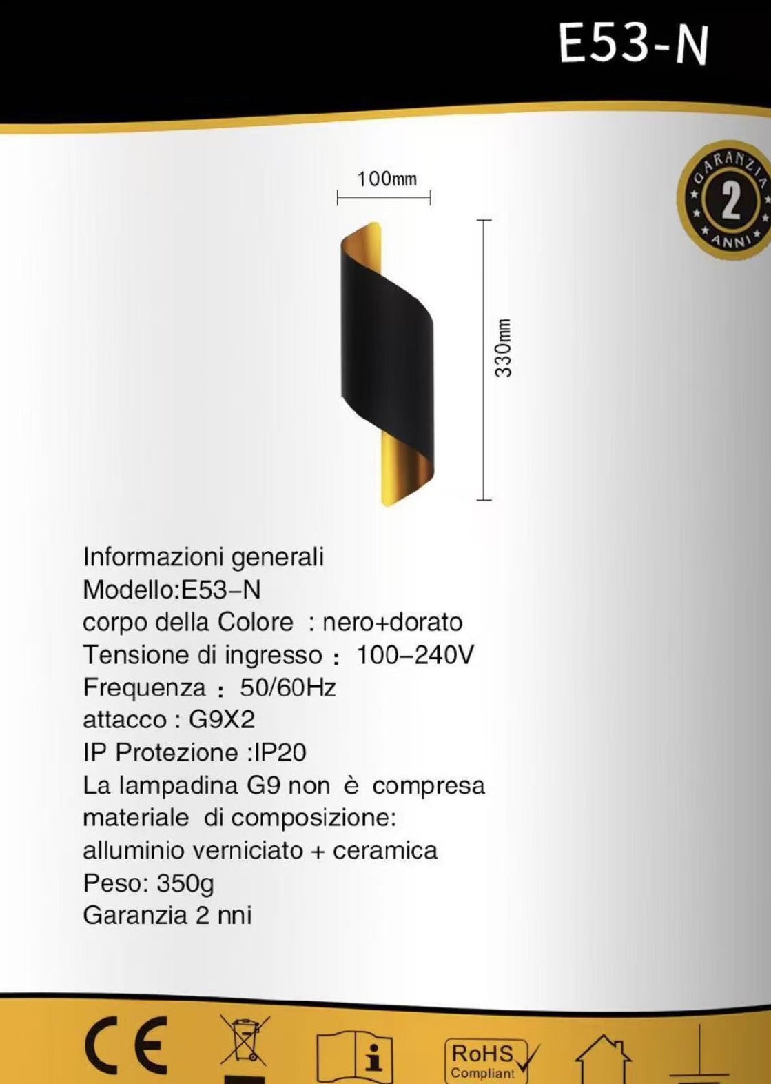 TEKHOME Applique da Parete Design Moderno Nero e Dorato E53-N, Portalampada G9, Alluminio e Ceramica, 33cm, Lampada da Parete Interni Soggiorno Camera Corridoio E53-N
