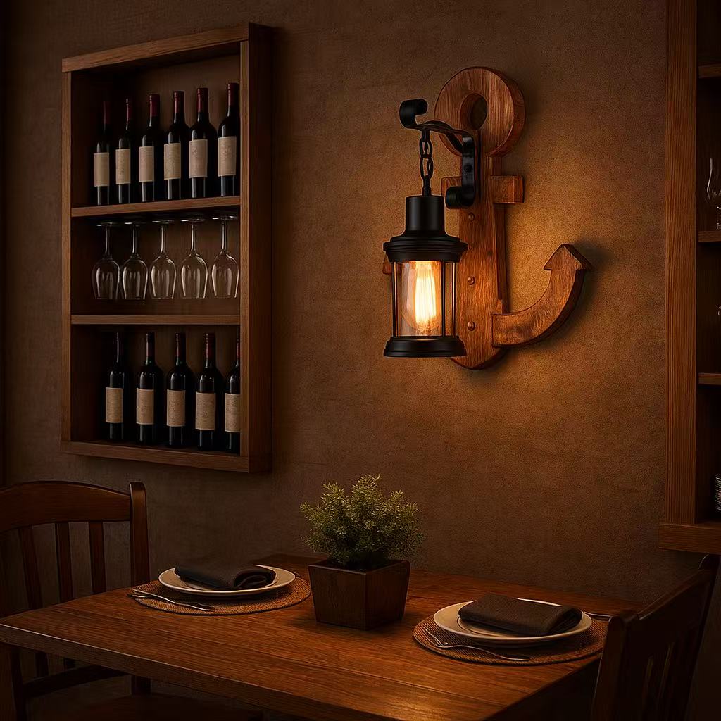 TEKHOME Applique da Muro Vintage in Legno a Forma di Ancora, Portalampada E27, Design Industriale Rustico con Vetro, Lampada da Parete Interni per Ristorante, Soggiorno e Corridoio – Modello E54