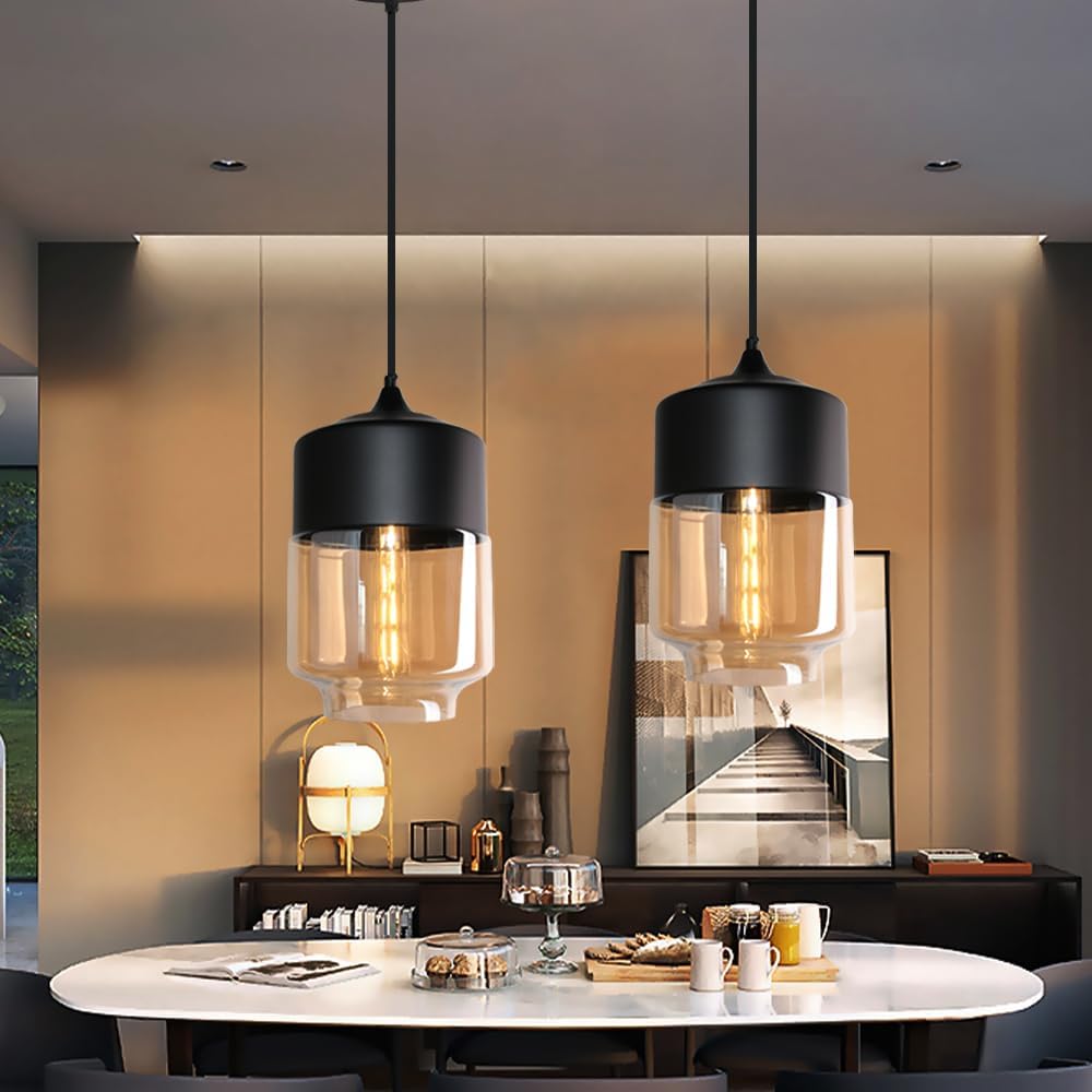 Lampadario a Sospensione E27 in Vetro e Metallo Stile Moderno Industriale, Luce Decorativa per Soggiorno Sala da Pranzo Camera da Letto – LP-14N