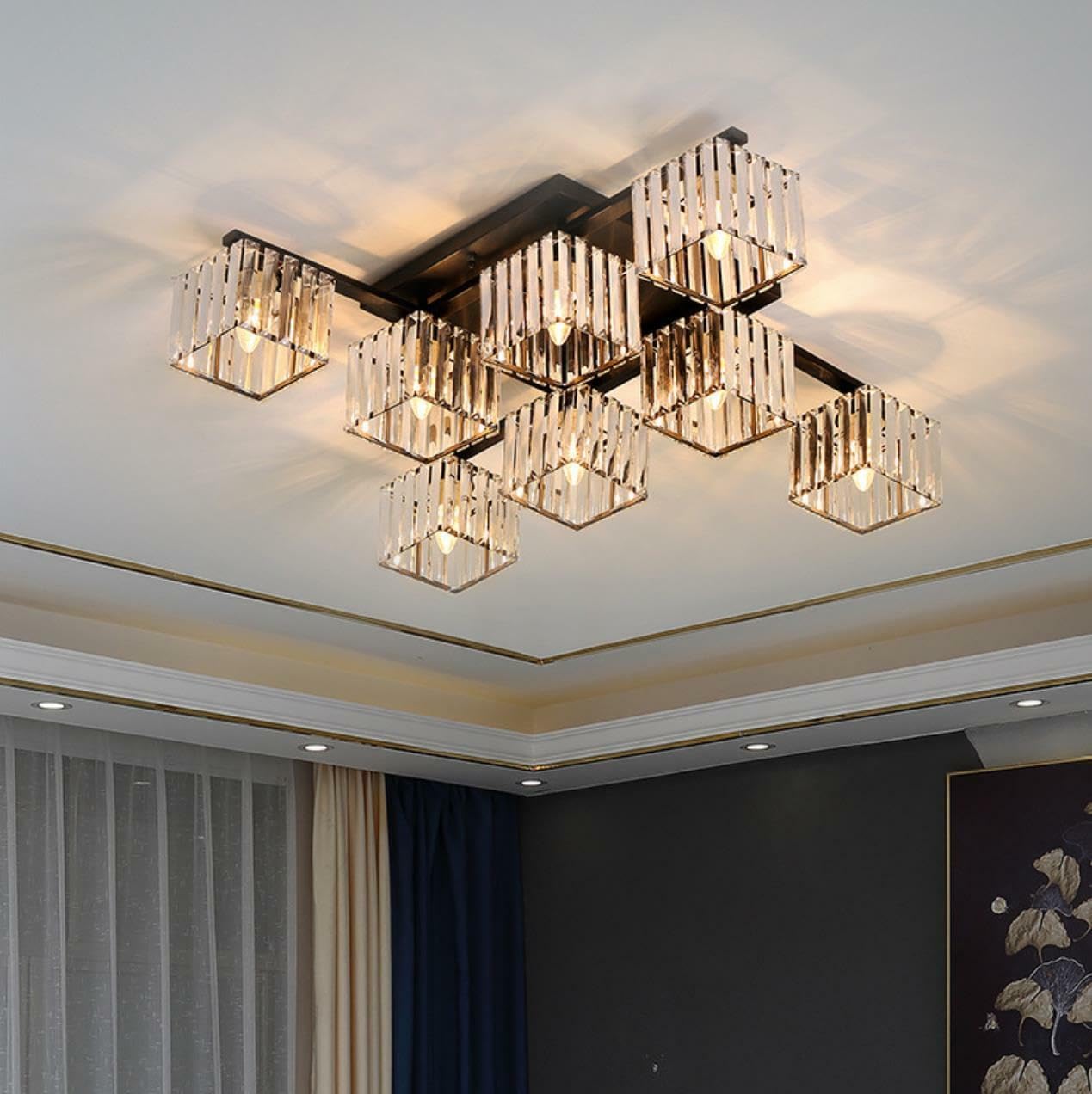 TEKHOME Lampadario da Soffitto 8 Luci E27, Stile Moderno Quadrato in Cristallo, Attacco E27 Max 60W, Struttura in Metallo Nero, Senza Lampadine, per Soggiorno Sala da Pranzo Interni C28-8