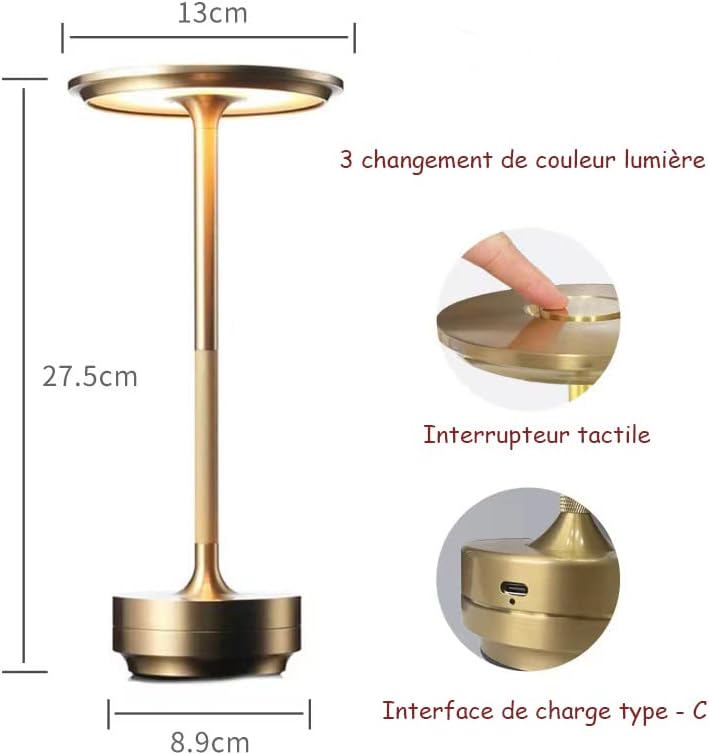Lampada da Tavolo LED Ricaricabile 3W – Touch Dimmer, 3 Temperature di Colore 3000K/4500K/6000K, Luce Notturna Moderna in Alluminio, Senza Fili – Nero/Oro D38