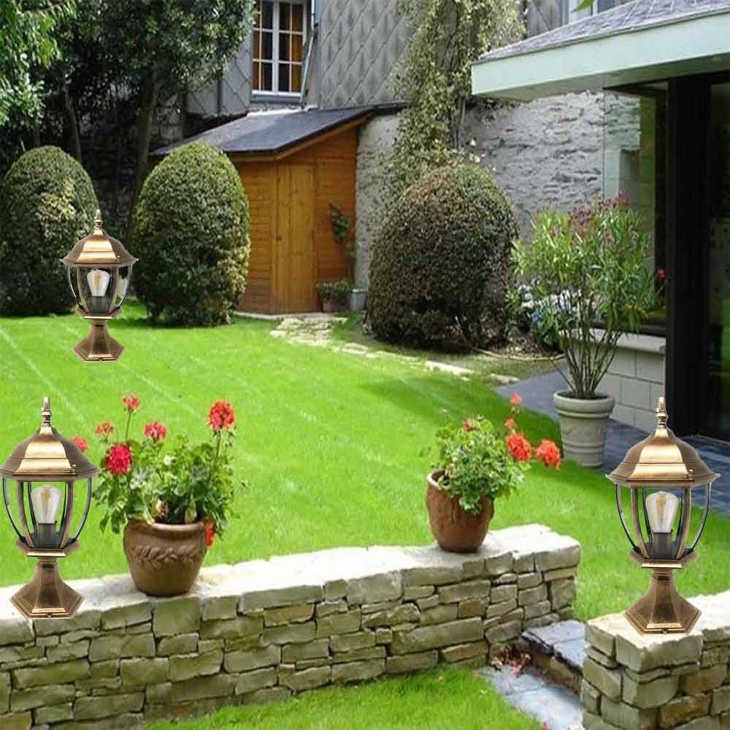 Lampada da Palo per Esterni E27 – Lanterna da Colonna Esagonale IP55 in Alluminio e Vetro – 8 Pollici – per Muro, Cancello, Pilastro, Giardino ES45