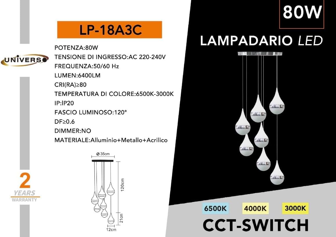 Lampadario LED Moderno 80W, Sospensione Design a Goccia, CCT Switch 3000K-4000K-6500K, 6400 Lumen, Illuminazione per Soggiorno Sala da Pranzo Cucina – LP-18A3C