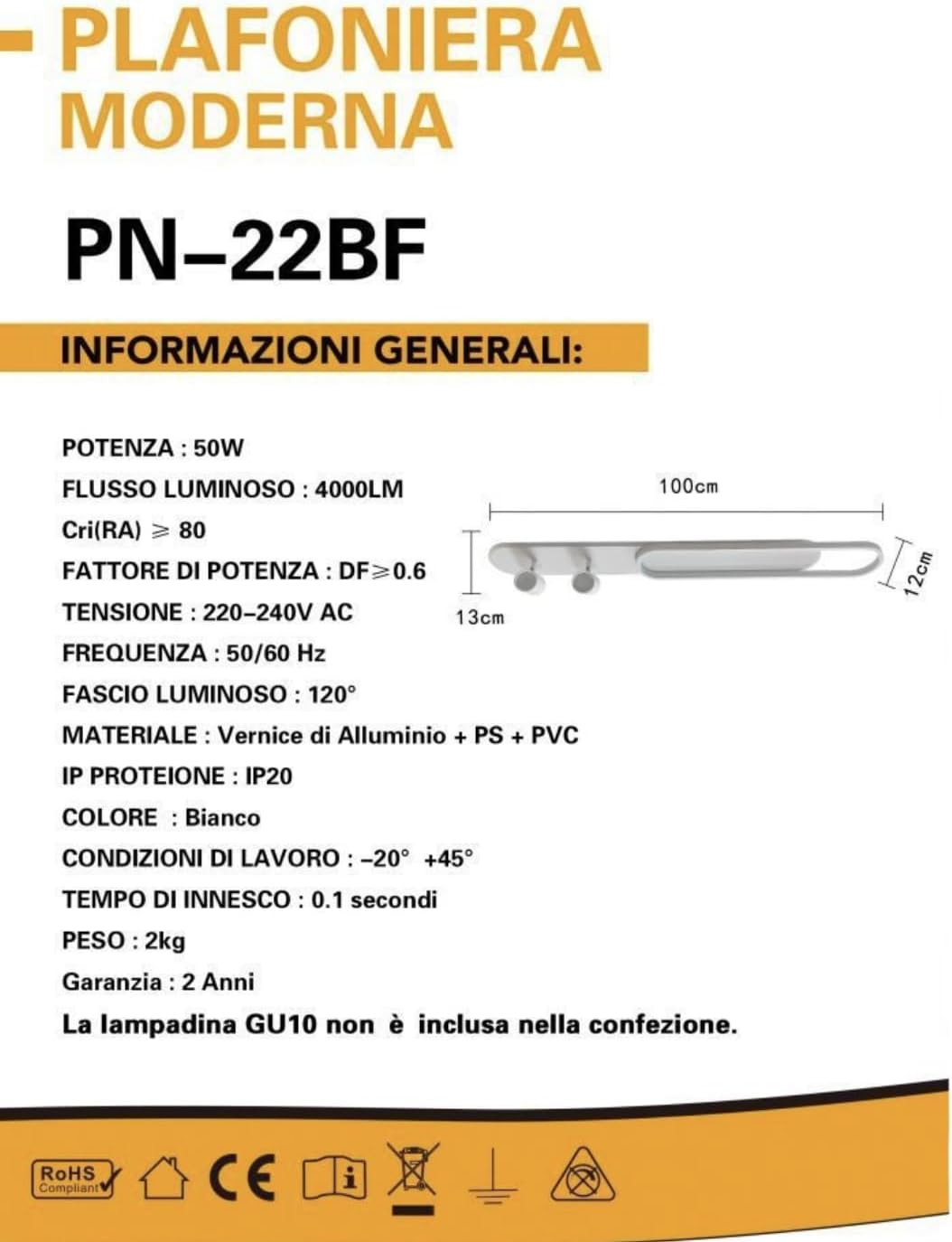 Plafoniera LED da Soffitto 50W, 4000LM Luce Bianco Freddo 6500K, Lampada Soffitto Moderna a LED Integrati per Interni, IP20, Bianco PN22-BF