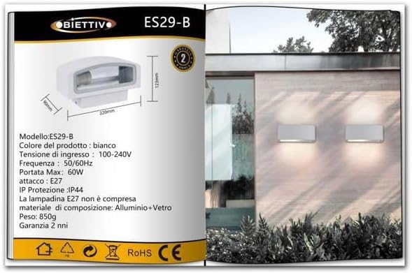 Applique lampada da muro parete in alluminio e vetro per esterno casa locali terrazza IP65 con attacco per lampadine E27 [lampadina esclusa] ES29