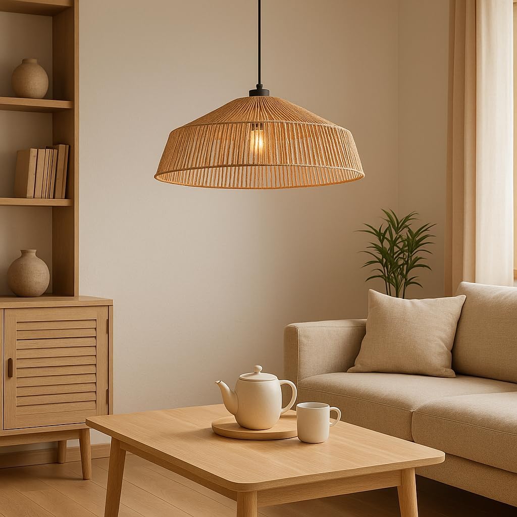 Lampadario a Sospensione in Stile Boho 40/50cm, Paralume in Rattan/Filo di Corda, Attacco E27, Altezza Regolabile, Illuminazione per Cucina Soggiorno Sala da Pranzo – Naturale LP-48