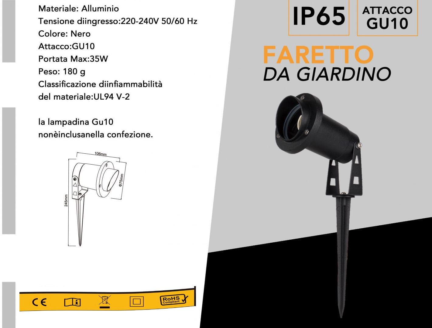 Faretto da Giardino con Picchetto IP65 per Esterno, Attacco GU10, Orientabile, Alluminio, Impermeabile, Ideale per Illuminazione Giardino, Vialetti e Piante – Modello ET-01