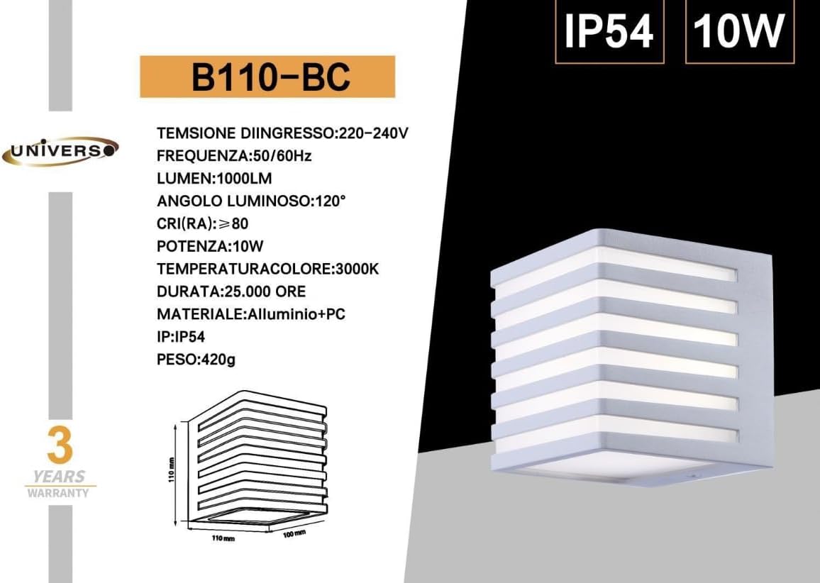 Applique da Esterno LED 10W IP54, Lampada da Parete Moderna in Alluminio e PC 1000LM, Bianco o Nero, Regolabile, per Facciate, Giardini e Balconi B110