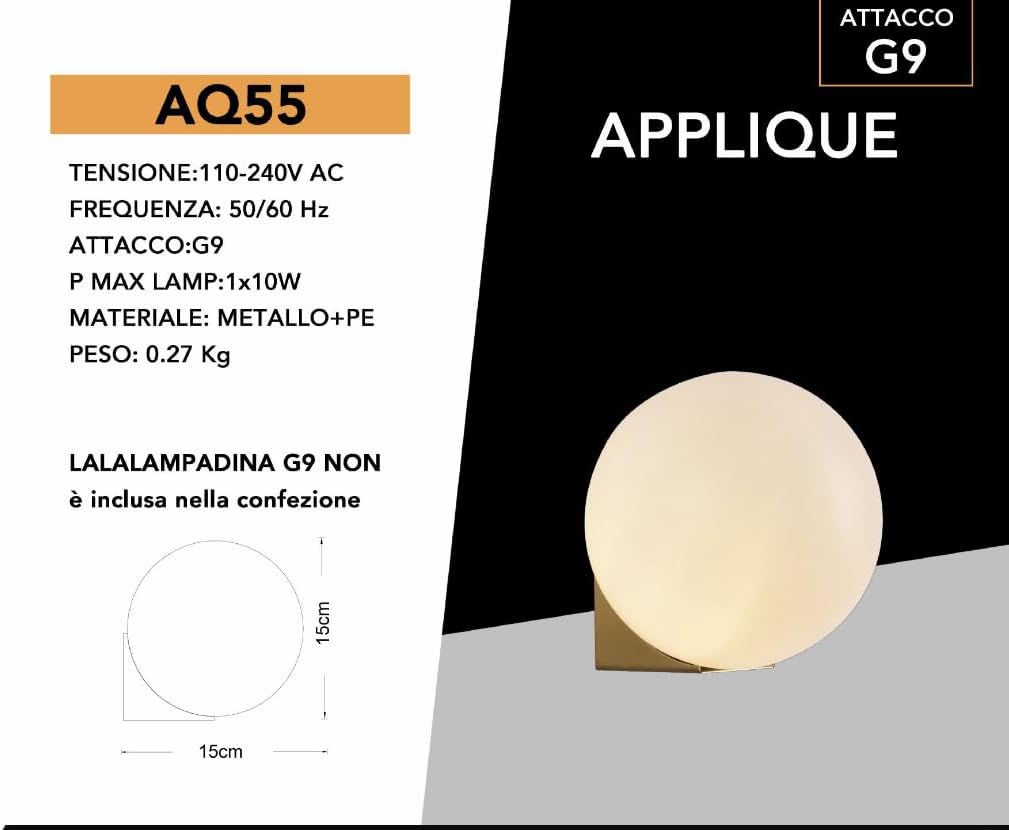 Applique da Parete Design Sferico – Lampada Moderna in Metallo Oro Opaco, Attacco G9, Compatibile con Lampadine LED o Alogene, Facile Installazione per Camera, Soggiorno o Ufficio AQ55