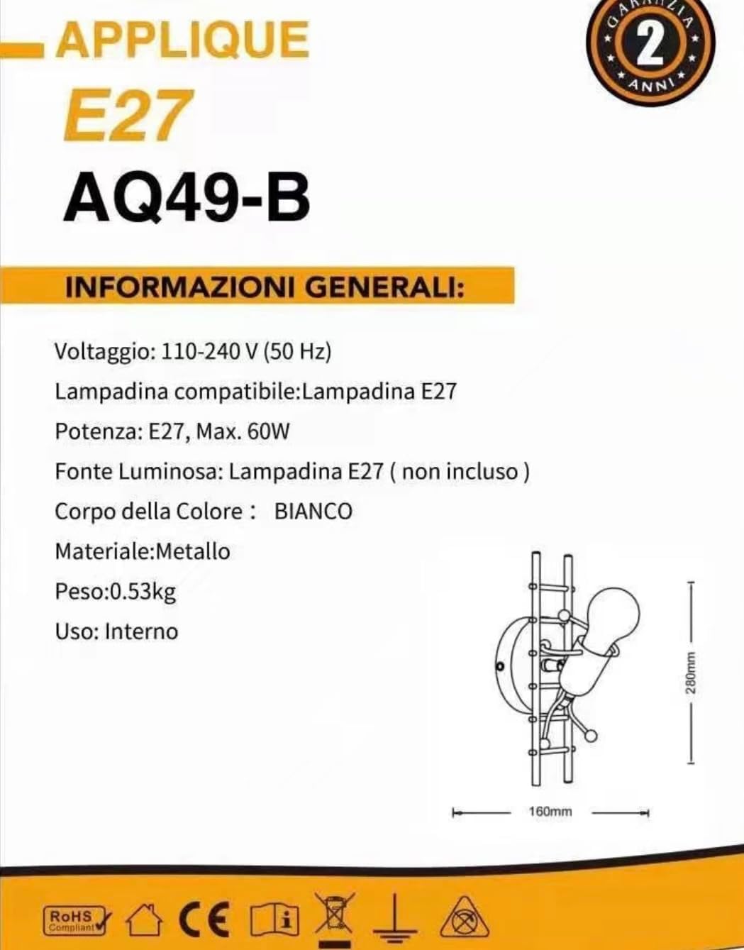TEKHOME Applique da Muro Design Moderno 1XE27 in Metallo Nero/Bianco – Lampada da Parete Decorativa con Paralume a Gabbia, Ideale per Camera da Letto, Soggiorno, Corridoio AQ49