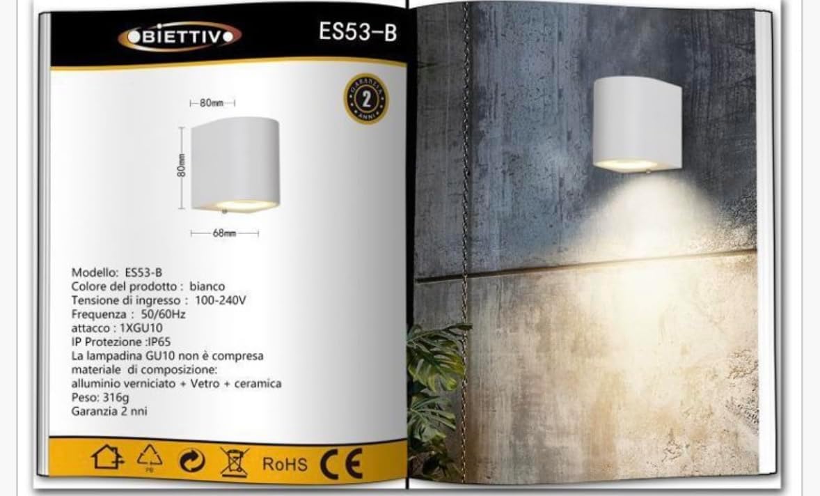 Applique da Esterno 1xGU10 IP65 – Lampada da Parete Impermeabile in Alluminio Verniciato, Luce Diretta, Ideale per Giardino, Balcone e Facciata, Senza Lampadina ES53