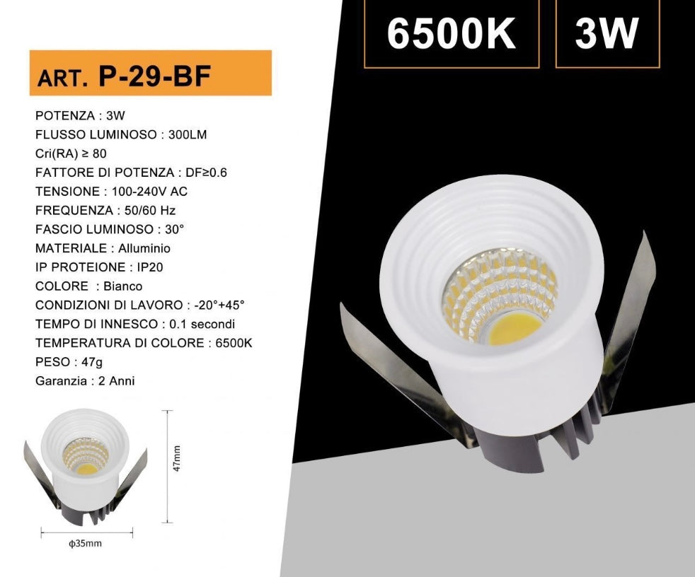 Faretti LED da Incasso 3W, Kit da 5 Pezzi, COB LED 300 lm, Foro Ø35 mm, 3000K/4000K/6500K, Fascio 30°, AC 100-240V, Corpo in Alluminio, Faretto da Soffitto per Casa, Negozi e Uffici,P-29