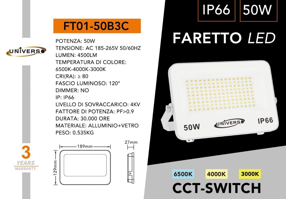 Faro LED Esterno CCT IP66 – 10W/20W/30W/50W/100W/200W – Selettore 3000K-4000K-6500K – Faretto LED da Esterno in Alluminio, Bianco o Grigio FT01