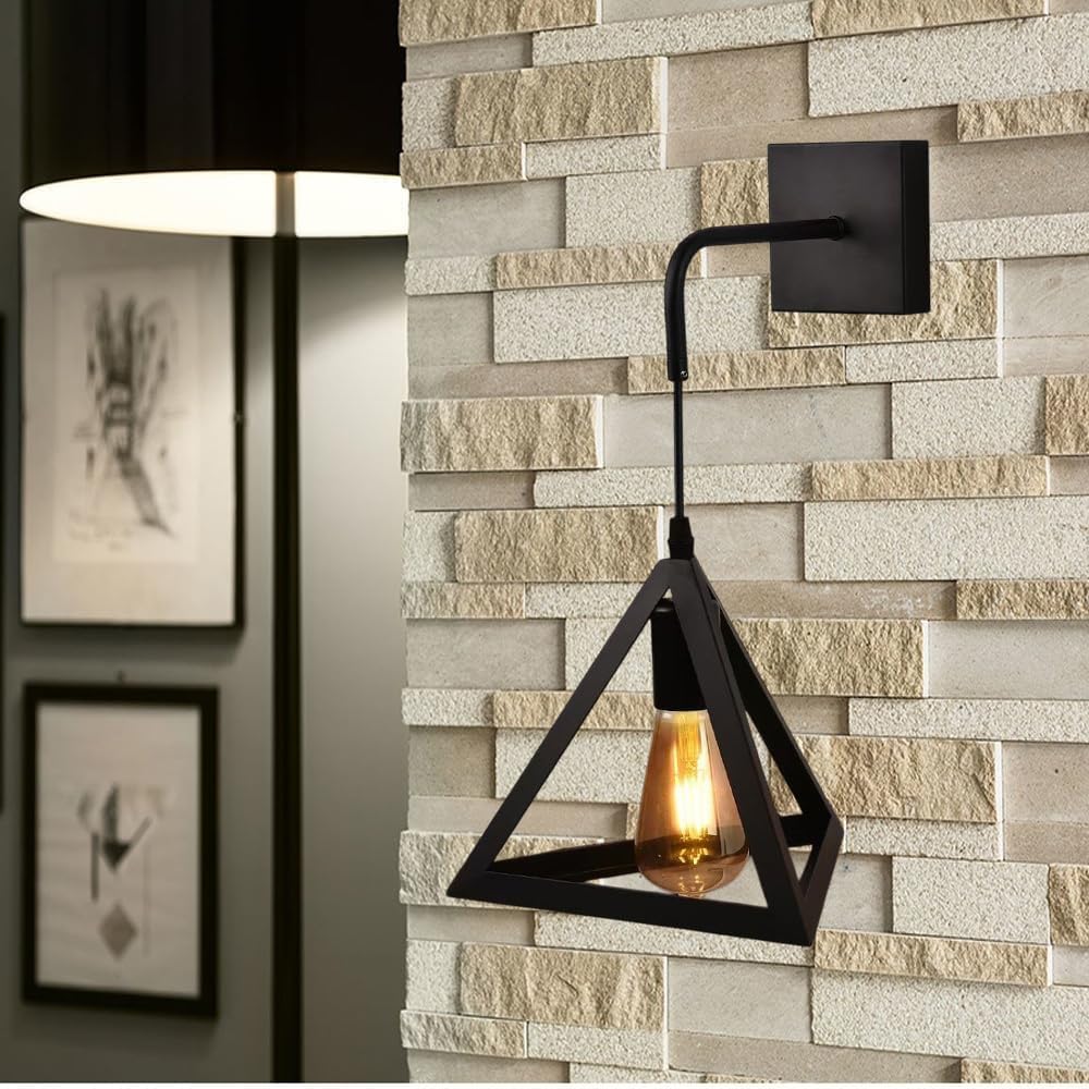 Applique da Muro E27 Ferro Battuto Design Geometrico Triangolare, 1xE27, Nero/Bianco, Vintage Industriale per Interni AQ54