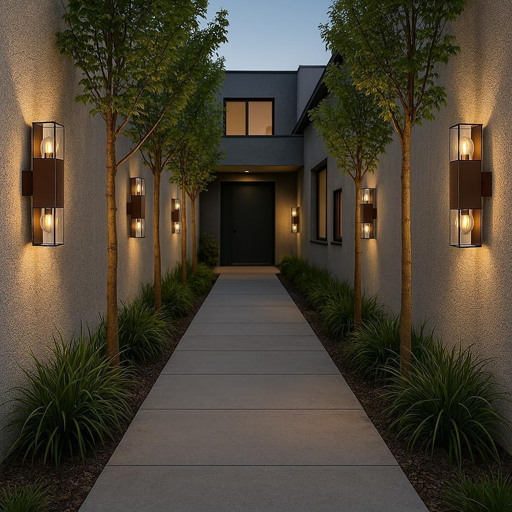 Applique da Esterno IP44 con Attacco E27, Lampada da Parete in Alluminio e Acrilico, 2xE27 12W, Design Moderno Doppia Luce Su e Giù, per Facciata, Giardino e Balcone – Colore Ruggine ESM-01C