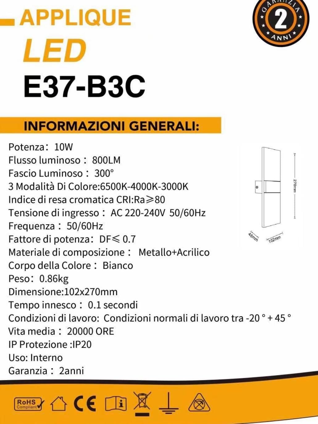 TEKHOME Applique da Muro LED 10W Bianco/Con Finitura in Rame, Rettangolare Moderno, 3000K-6500K, Lampada da Parete Interni, Soggiorno Camera da Letto Corridoio E37