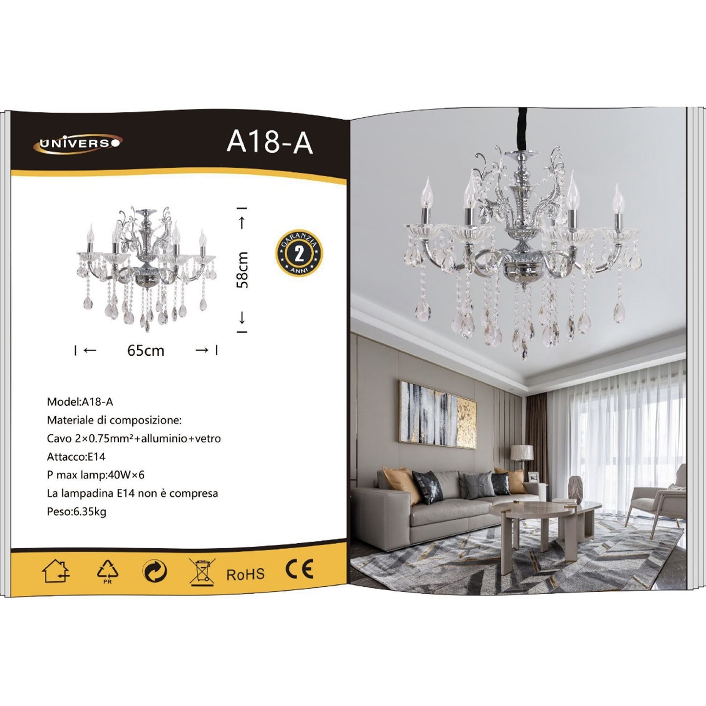 Lampadario Classico in Cristallo, 6 Luci E14, Stile Elegante per Soggiorno e Sala da Pranzo, Lampadario da Soffitto in Alluminio e Vetro – A18-A