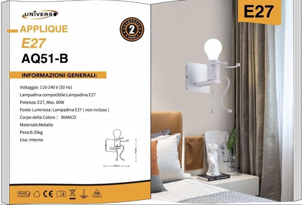TEKHOME Applique da Muro Design Creativo con Figura Umana, E27 1x60W, Metallo Bianco/Nero, Lampada da Parete Moderna per Camera da Letto Soggiorno Corridoio AQ51