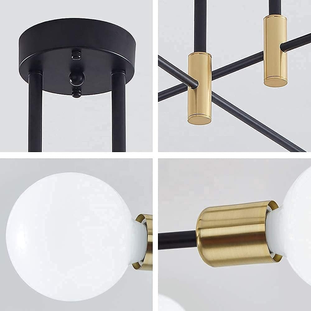 Plafoniera Moderna a Soffitto E27, Lampadario 6 Luci in Metallo Nero e Ottone, Stile Industriale per Soggiorno Cucina Camera da Letto – Attacco E27 (Lampadina Non Inclusa) PN-14