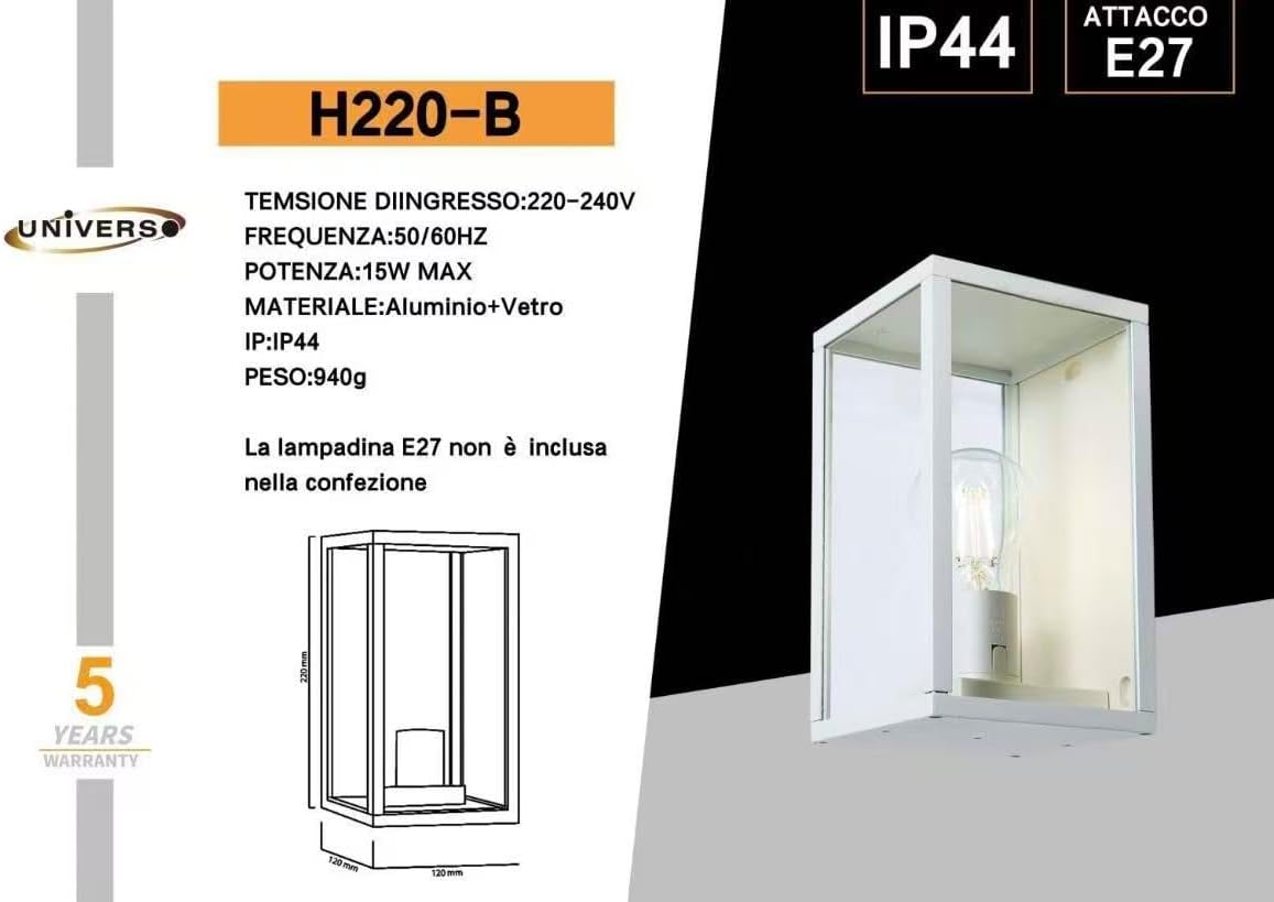 Applique da Esterno E27 IP44, Lampada da Parete Moderna in Alluminio e Vetro, Attacco E27 (Lampadina non inclusa), Colore Nero o Bianco, per Facciata, Balcone e Giardino H220