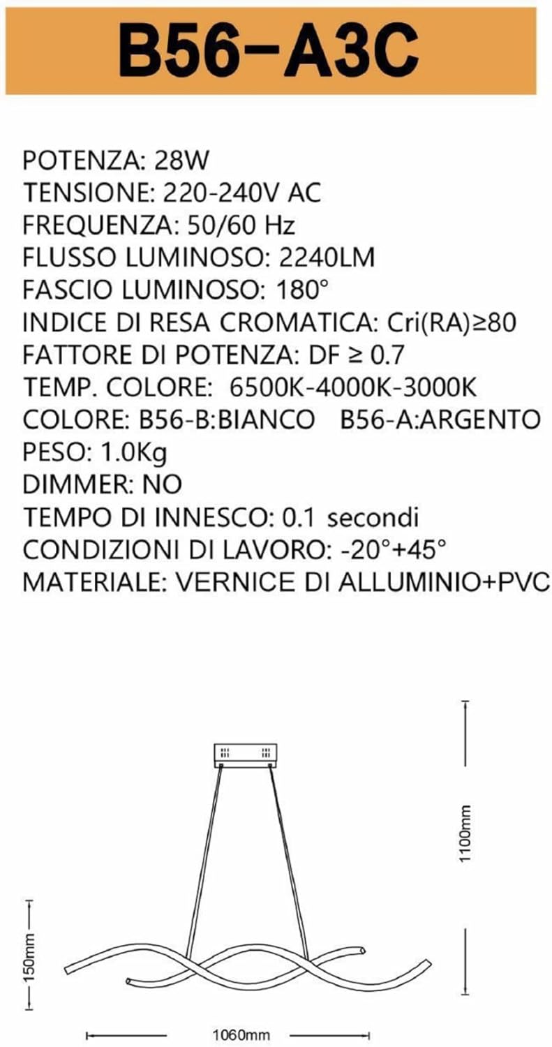 TEKHOME Lampadario led a sospensione 28 watt lampada moderna a onda twist bianco luce fredda 6500k calda 3000k naturale 4000k B56-A3C