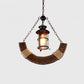 Lampadario a sospensione in legno e corda di canapa con lanterna stile country rustico B51