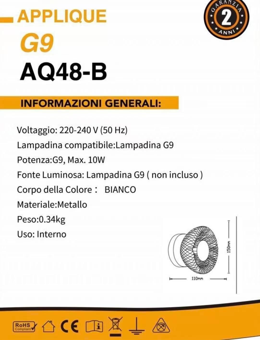 TEKHOME Applique da muro LED G9 design moderno a nido d’uccello, lampada da parete decorativa interna, metallo, compatibile con lampadina G9, bianco/nero AQ48