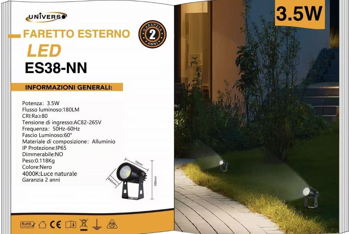 Faretto LED da Esterno 3,5W IP65, Luce Naturale 4000K, Spot da Terra per Giardino e Vialetto, Corpo in Alluminio Nero, Illuminazione Outdoor – ES38-NN