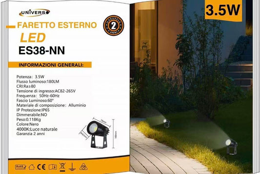 Faretto LED da Esterno 3,5W IP65, Luce Naturale 4000K, Spot da Terra per Giardino e Vialetto, Corpo in Alluminio Nero, Illuminazione Outdoor – ES38-NN
