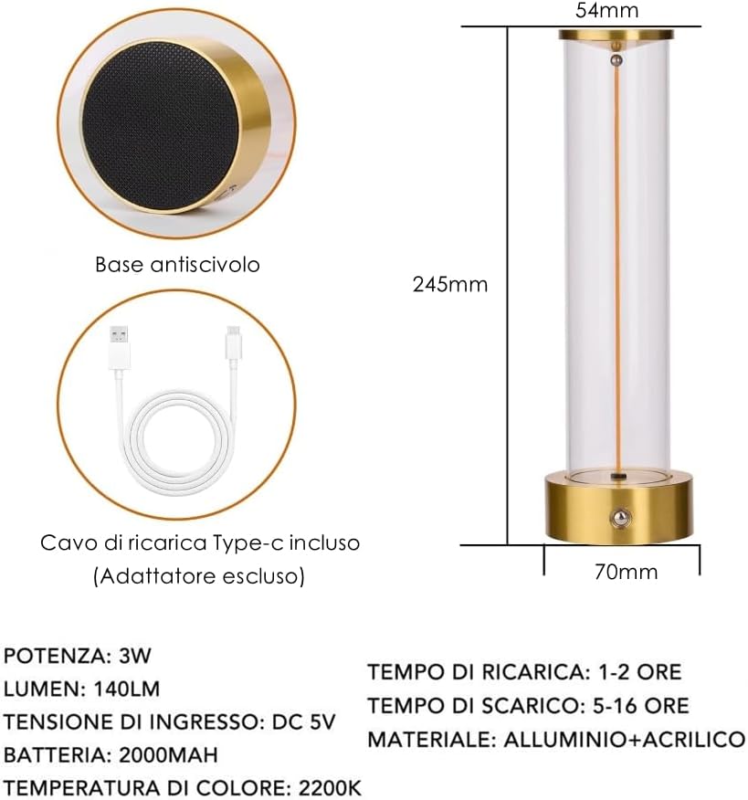 Lampada da Tavolo LED Ricaricabile 3W – Lume Senza Fili 2200K Luce Calda, Touch Control, USB, Design Moderno in Alluminio e Acrilico – Uso Interno D39