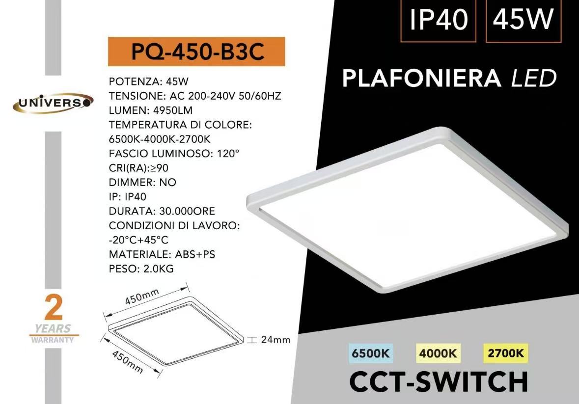 Plafoniera LED Quadrata 45W con Cambio Colore CCT 6500K-4000K-2700K, Moderna per Soggiorno Cucina Camera PQ-450