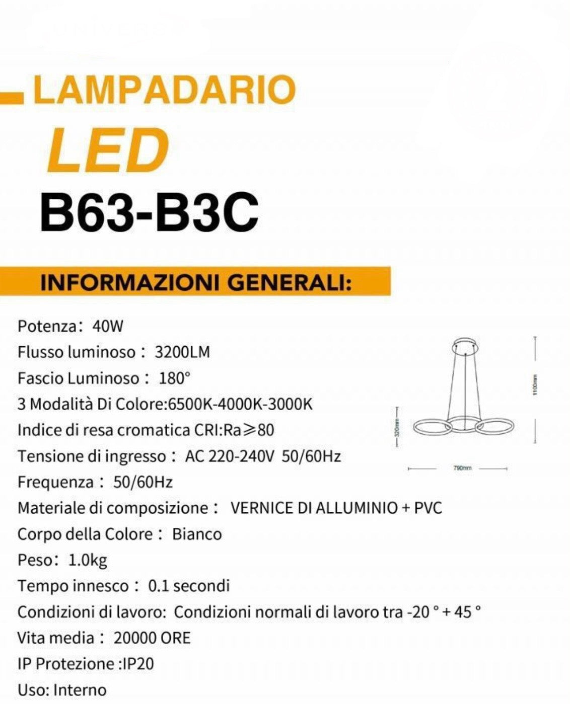 Lampadario a Sospensione LED 3 Cerchi 45watt B63