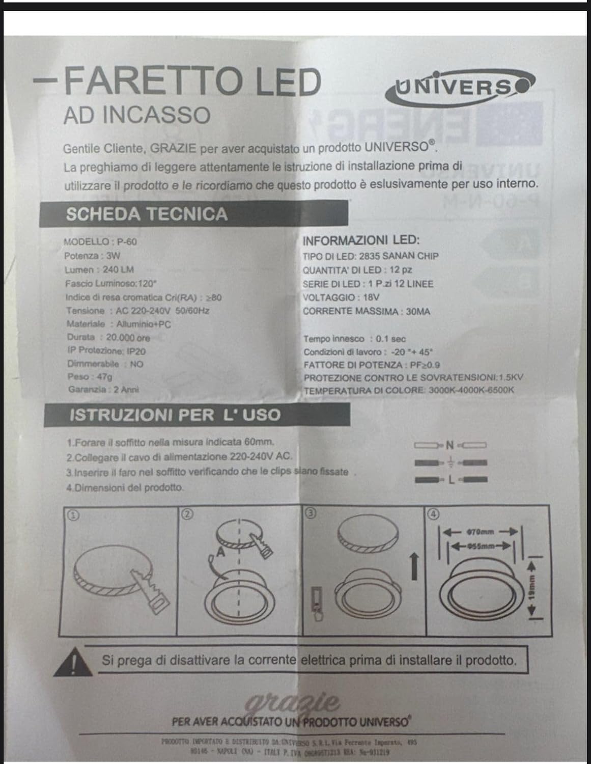 3PZ Lampadina da Soffitto LED 3W Ø70mm, 240LM, CRI≥80, Alluminio+PC, IP20, Foro Ø55mm, Angolo 120°, — Bianco o Argento, 3000K/4000K/6500K P60