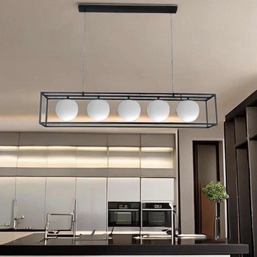 TEKHOME Lampadario a sospensione con 5 sfere in vetro bianco moderno metallo nero B89