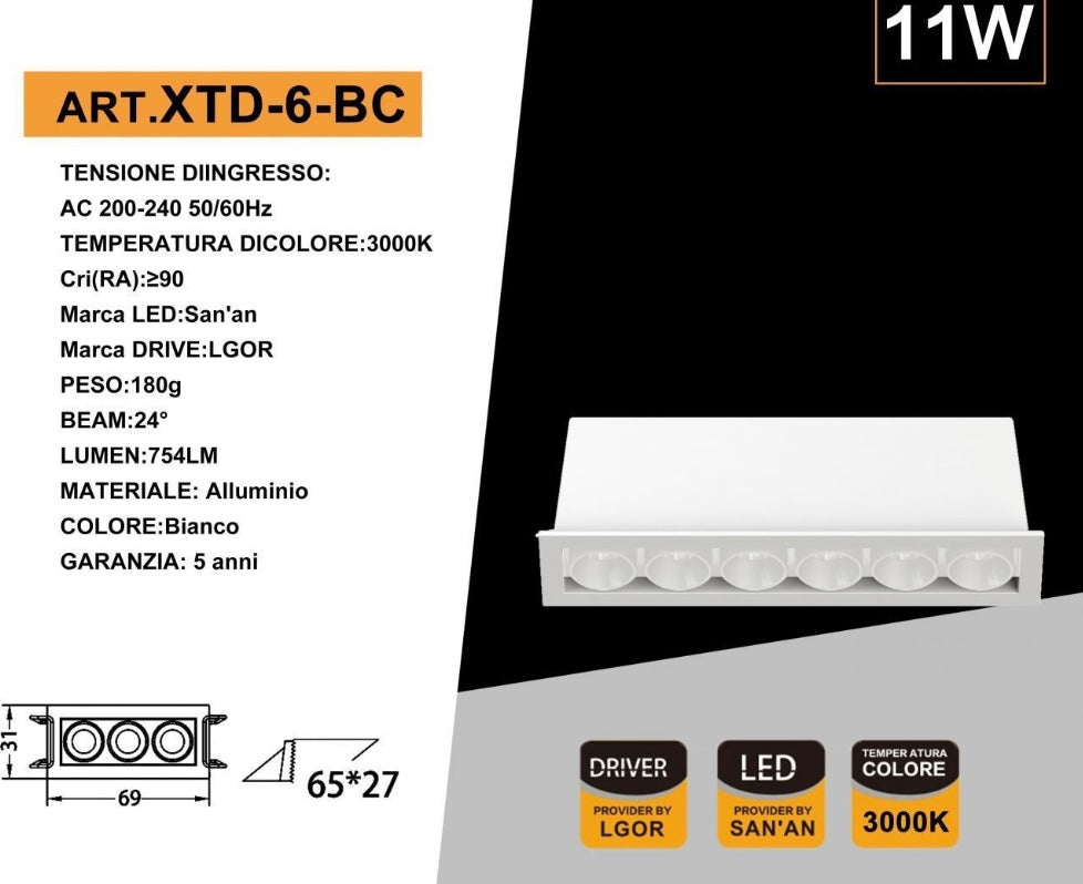 Faretto LED da Incasso Rettangolare 11W, 6 Spot, CRI ≥90, Fascio 24°, Alluminio Bianco, Faretti da Incasso per Cartongesso e Controsoffitto, 3000K/4000K/6500K, 1 Pezzo, XTD-6-B