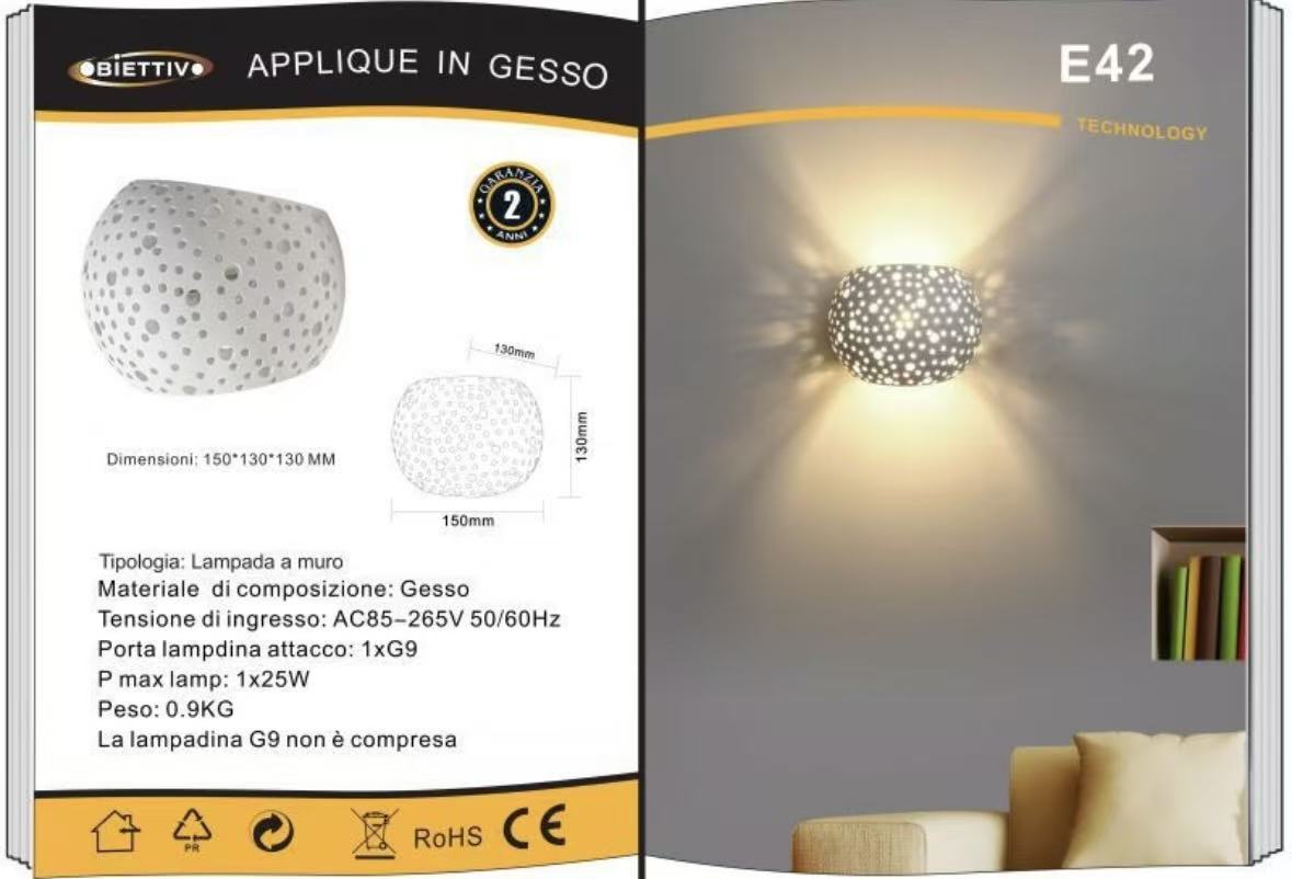 TEKHONE Applique da Parete in Gesso Decorativa, Lampada da Muro Bianco con Effetto Luce Puntinato, Attacco G9, Design Moderno per Soggiorno e Camera da Letto – GS-E42