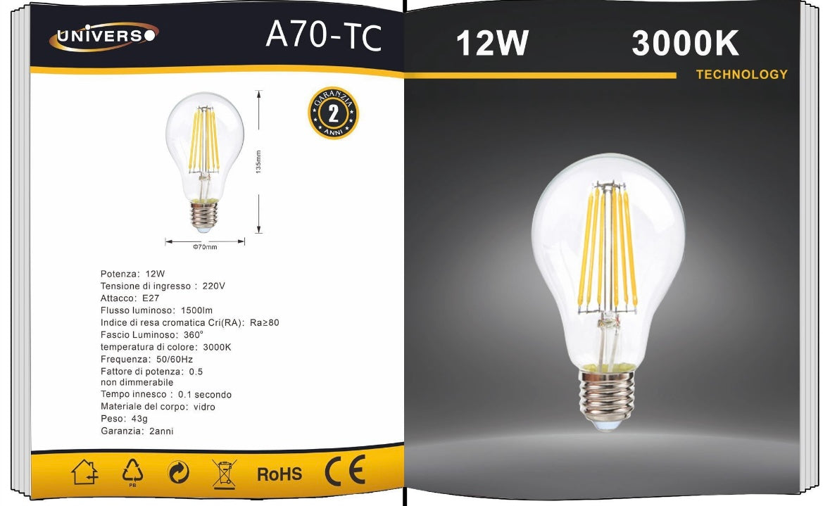 Lampadine LED E27 A70 12W, Confezione da 5 Pezzi, 1500LM, Luce 3000K/4000K/6500K, Vetro Trasparente, Illuminazione a 360°, Basso Consumo Energetico, Non Dimmerabile, Modello A70-T