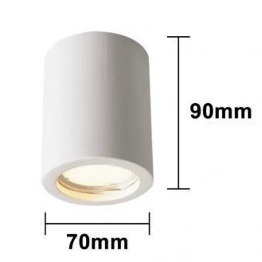 Portafaretto in Gesso GU10 da Soffitto – Faretto Cilindrico Bianco Verniciabile, Ø70x90mm, Incasso/Plafone, Design Moderno, IP20 GS-C90-T