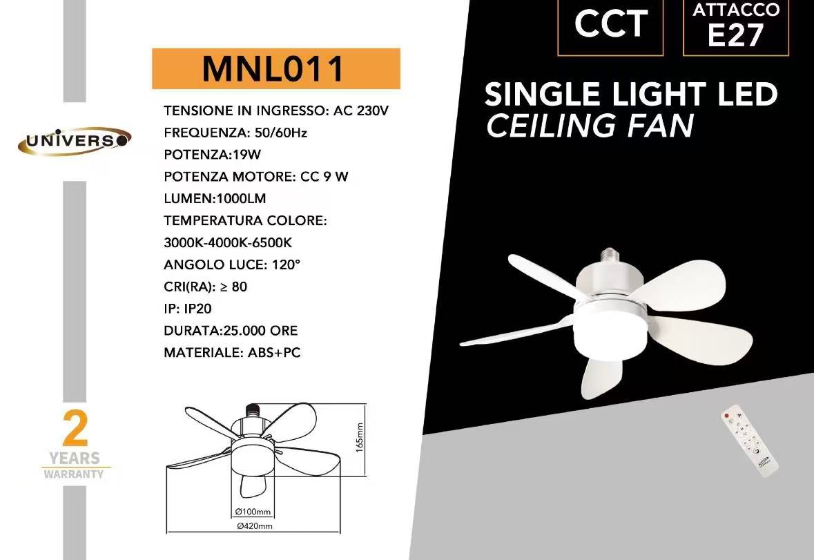 Ventilatore da Soffitto con Luce LED E27 19W, Mini Lampadario con Ventola Silenziosa, CCT 3000K-6500K, Telecomando Incluso, per Camera da Letto e Soggiorno – MNL011