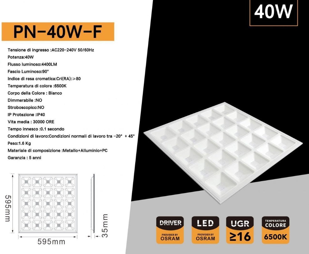 Pannello LED 60x60 40W 4400LM 6500K Luce Fredda, Pannello LED da Incasso 595x595mm, UGR≥16, CRI≥80, IP40, Flicker Free, LED e Driver, 1 Pezzo, PN-40W-F