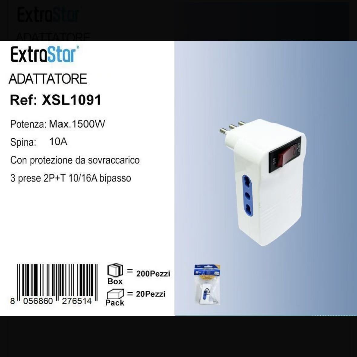 5 Pezzi – Adattatore Multipresa 10A con Interruttore di Sicurezza, 3 Prese Bipasso 10/16A 2P+T, Protezione Sovraccarico, Max 1500W – XSL1091