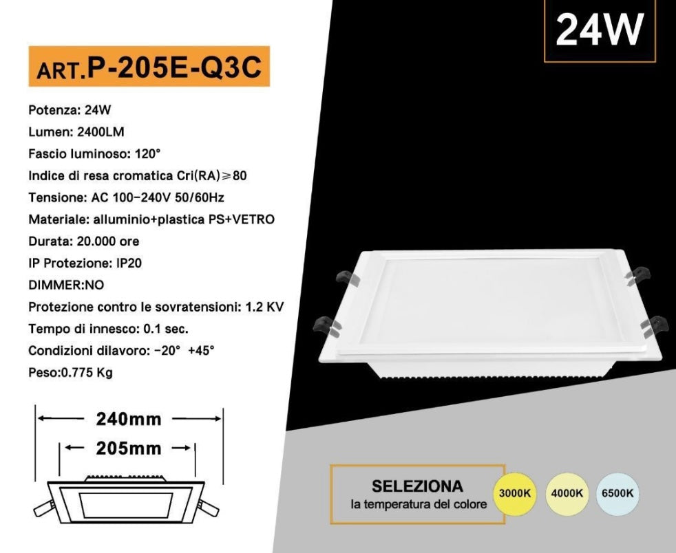 Pannello LED da Incasso Quadrato 24W 2400LM, 3 Temperature Colore Selezionabili 3000K 4000K 6500K, Faretto LED 240x240mm, Foro 205x205mm, Fascio 120°, CRI≥80, IP20, 1 Pezzo, P-205E-Q3C