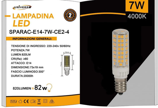 Lampadine LED E14 7W 820LM 4000K, 10 Pezzi, Luce Naturale, Formato Compatto 19x73mm, 220-240V, SPARAC-E14-7W-CE2-4