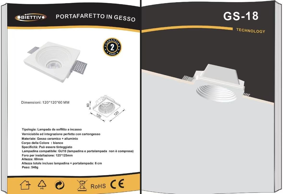 Portafaretto da Incasso in Gesso Quadrato 120×120 mm – Attacco GU10, Verniciabile, Per Cartongesso, Faretto da Soffitto Moderno Bianco GS-18