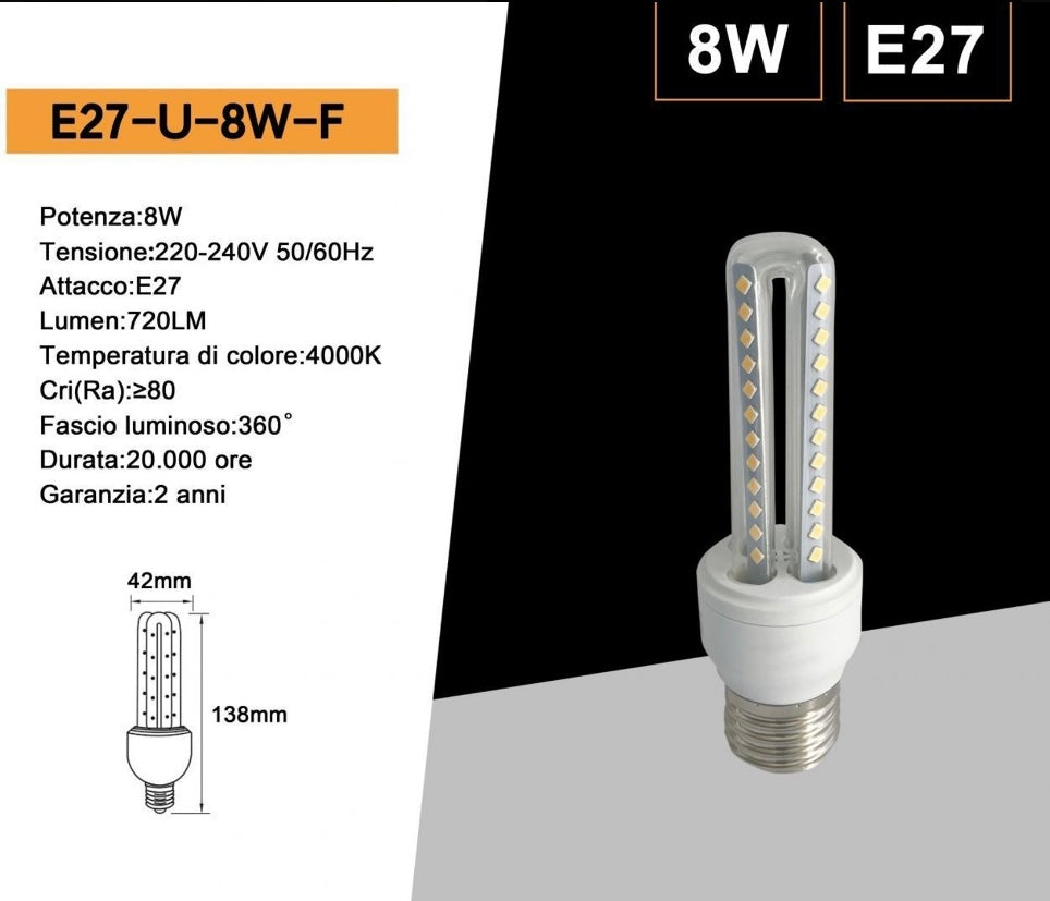 ampadine LED E27 8W, Confezione da 10 Pezzi, 720LM, 3000K/4000K/6500K, Luce Calda, Naturale e Fredda, Lampadina LED a U, CRI>80, Illuminazione 360°, Risparmio Energetico, Modello E27-U-8W