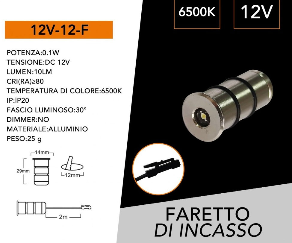 5 Pezzi Mini Faretto LED da Incasso 12V DC, 0,1W, IP20, Ø12 mm, Cavo da 2 m, Luce Segnapasso per Mobili, Vetrine, Scale, Camper e Illuminazione Decorativa, Modello 12V-12