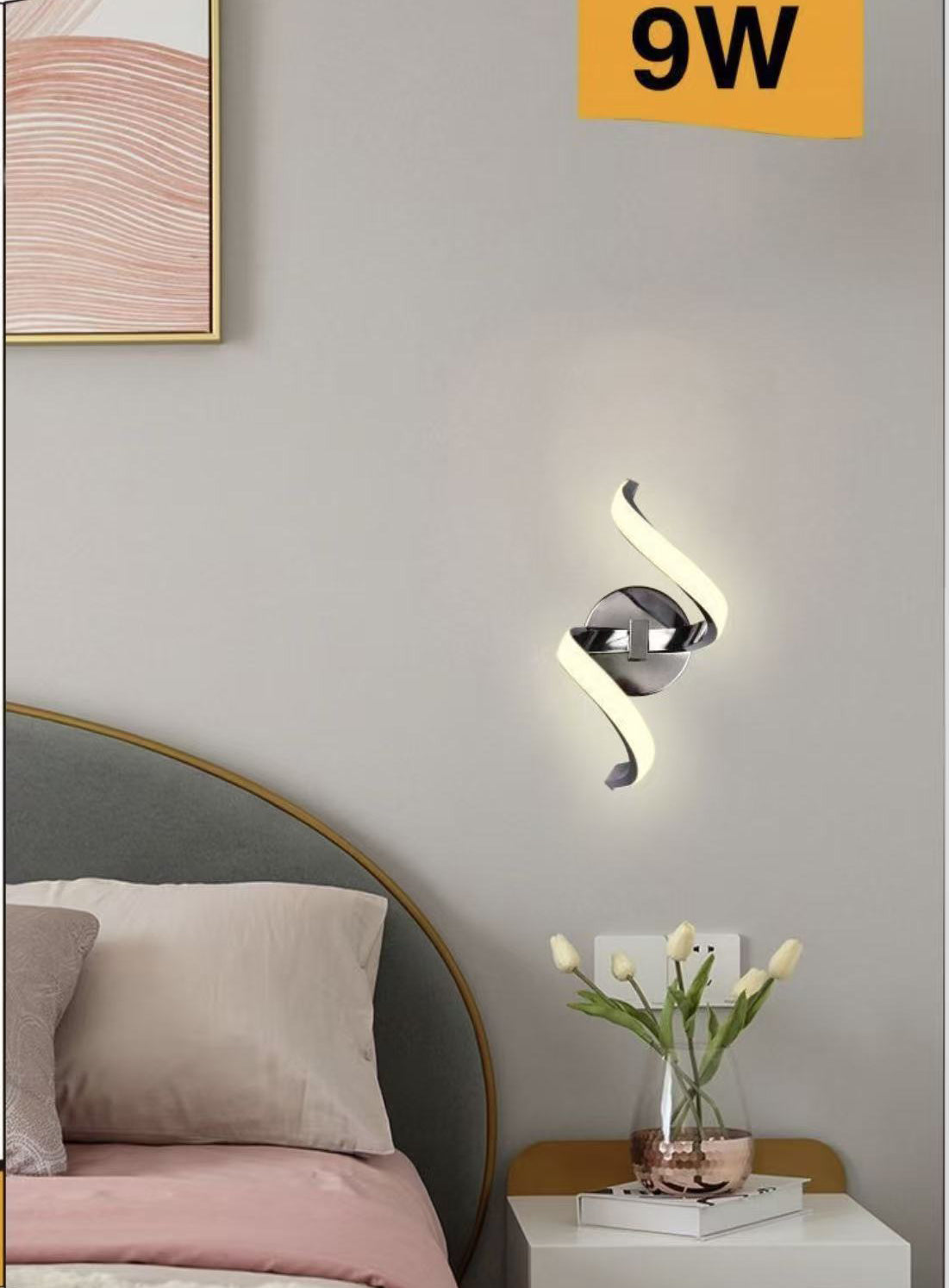 TEKHOME Applique LED da Parete 9W E58-A3C, Argento, Dimmerabile, 3 Colori Selezionabili 3000K-4000K-6500K, Design Moderno a Onde per Camera, Soggiorno e Corridoio