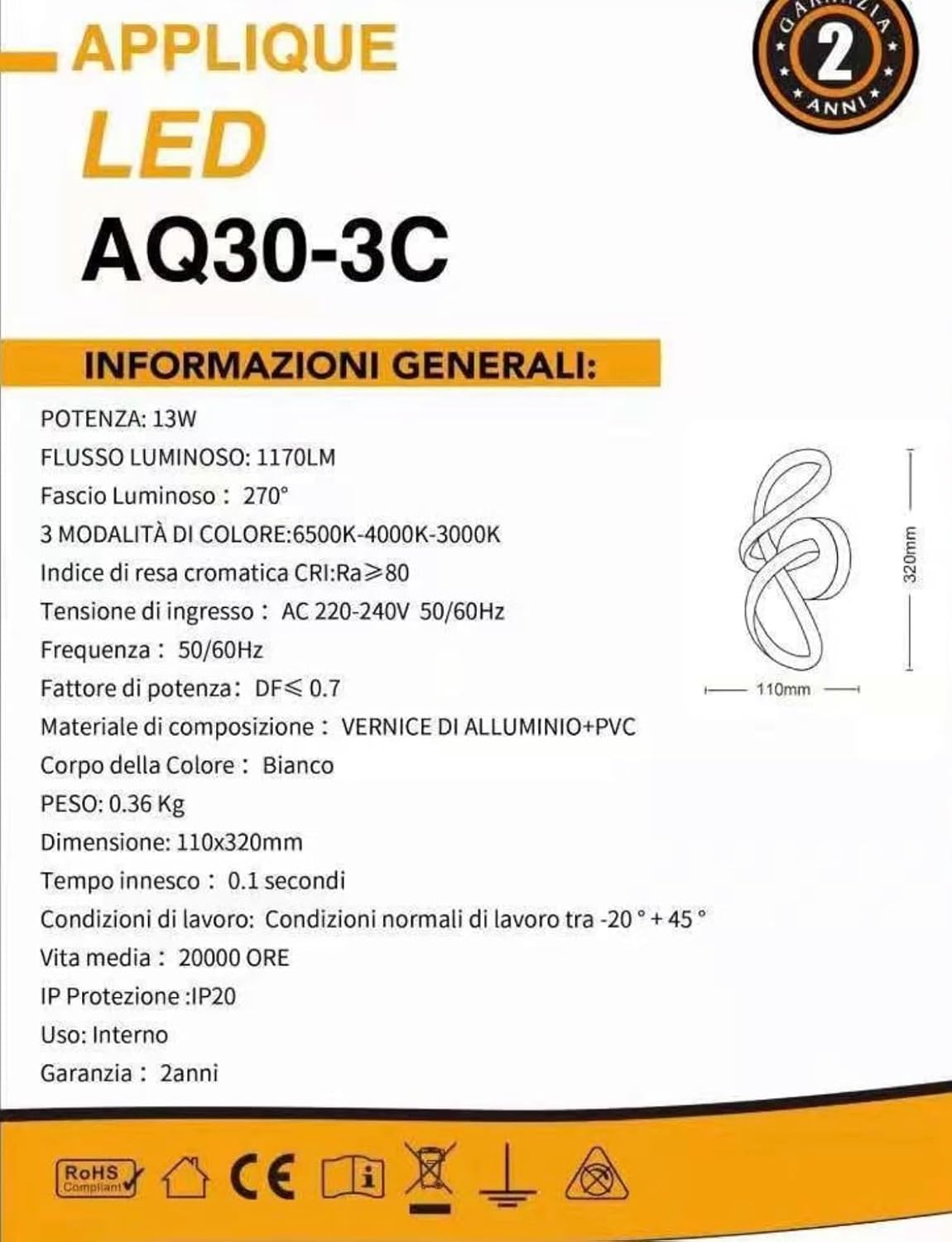 TEKHOME Applique LED da Muro 13W Moderno Bianco Forma a Nastro Infinito 3 Colori 3000K/4000K/6500K Lampada da Parete Interno Design Creativo AQ30-3C