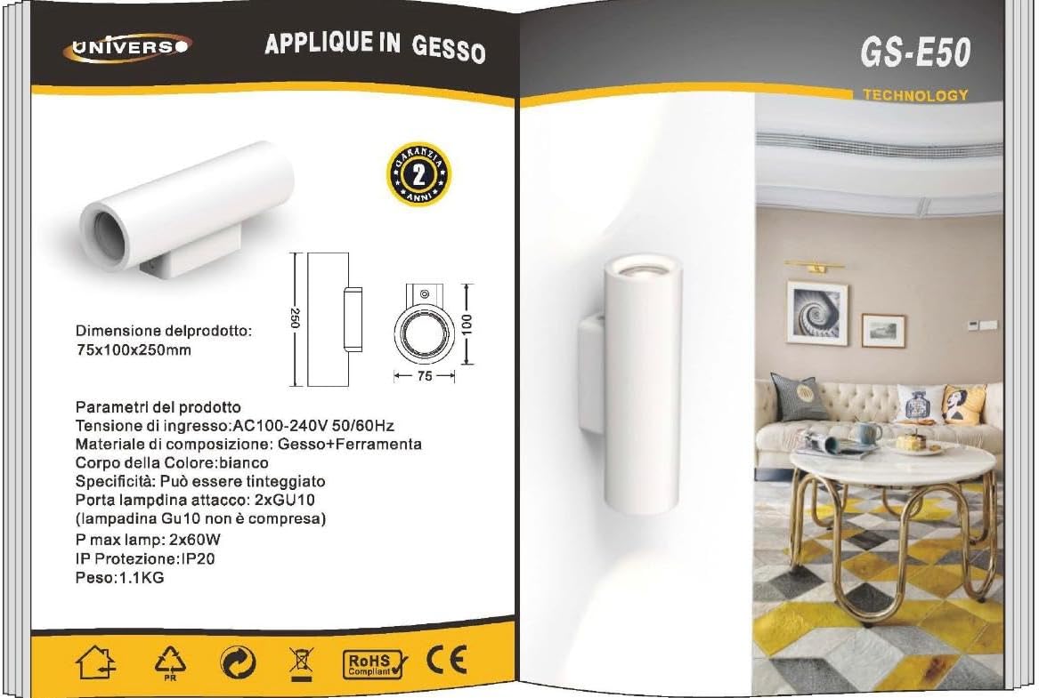 Applique da Parete in Gesso Verniciabile Doppio Fascio di Luce, 2x GU10, Bianco, Design Moderno per Interni – GS-E50